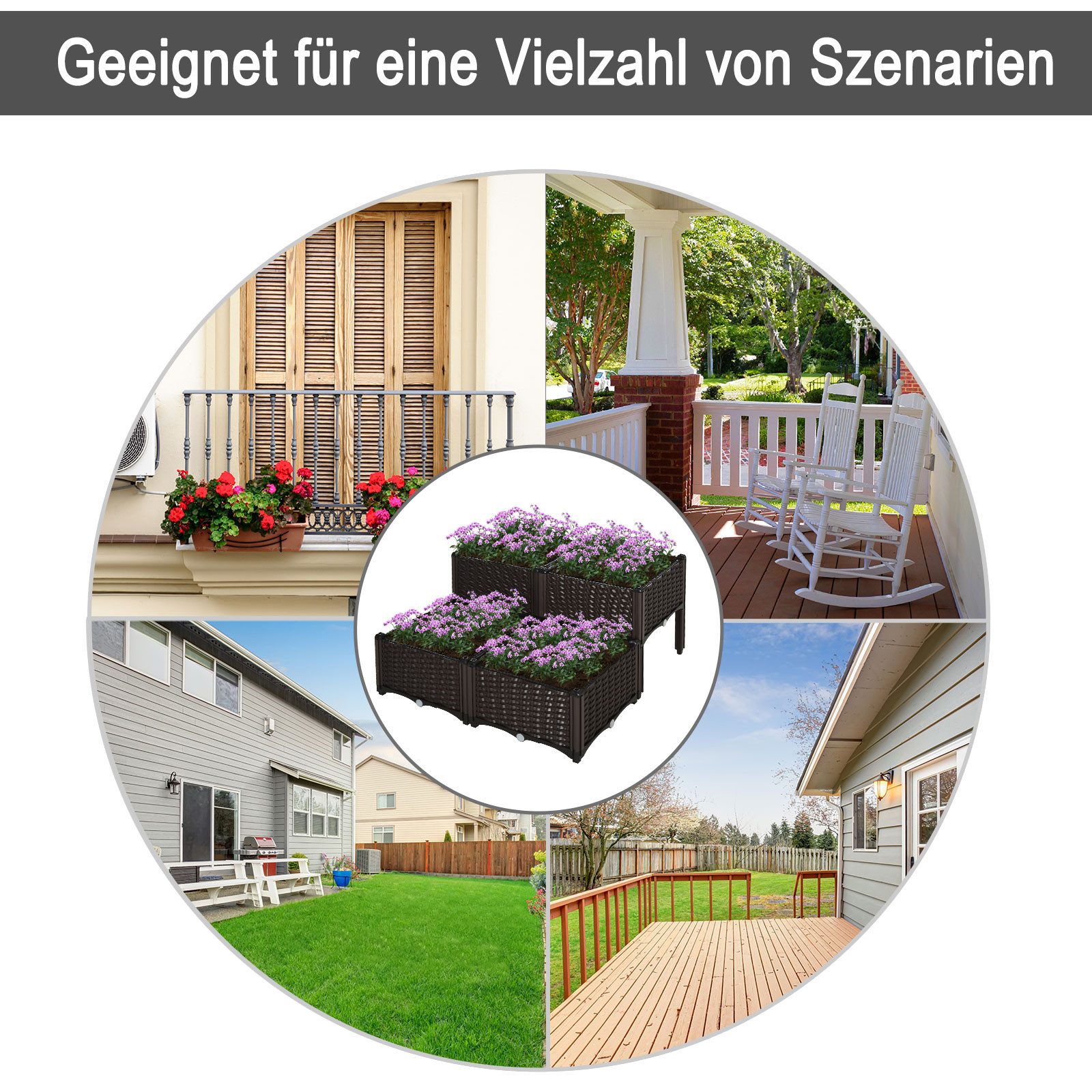 Outsunny Hochbeet Pflanzkasten mit Abflusslöchern (Blumenständer, 4 St., Blumenkasten), für Garten, Balkon, Braun – Bild 5 von 5