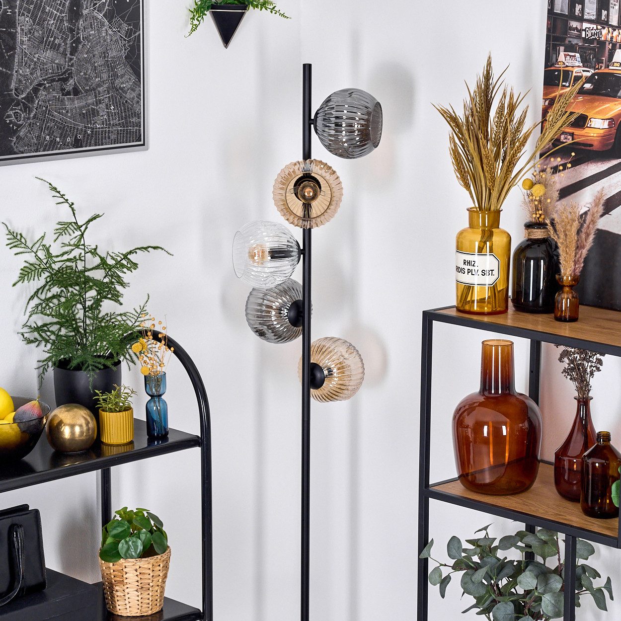 hofstein Stehlampe Stehlampe, Metall/Riffelglas, Schwarz/Rauch/Bernstein/Klar, E14, ohne Leuchtmittel, moderne Stehleuchte, Retro-Design, Ø Schirme 15cm, Fußschalter, 160cm