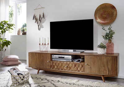 Massivmoebel24 TV-Board »MOSAYK« (TV-Board im Vintage Stil, mit Drehtüren und Schublade, inklusive Füße im 60er Jahre Stil, in natur lackiert 188x40x48 Akazie montiert), Holzmosaik-Muster, Retro-Stil