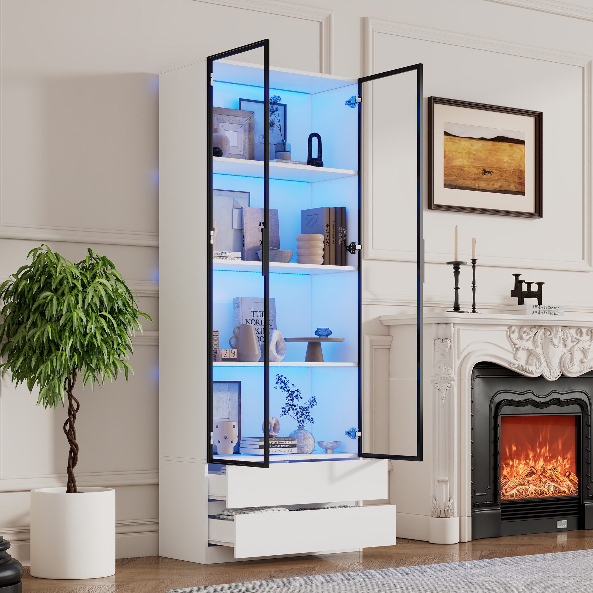 Vitrine mit LED-Beleuchtung,Hochschrank Standvitrine mit Glastüren&Schubladen