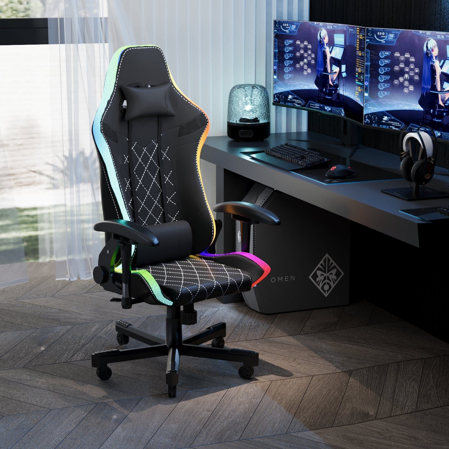 GUNJI Gaming Chair Gaming PU-Leder mit kg Bürostuhl 150 Schwarz für Stuhl LED, Belastbarkeit