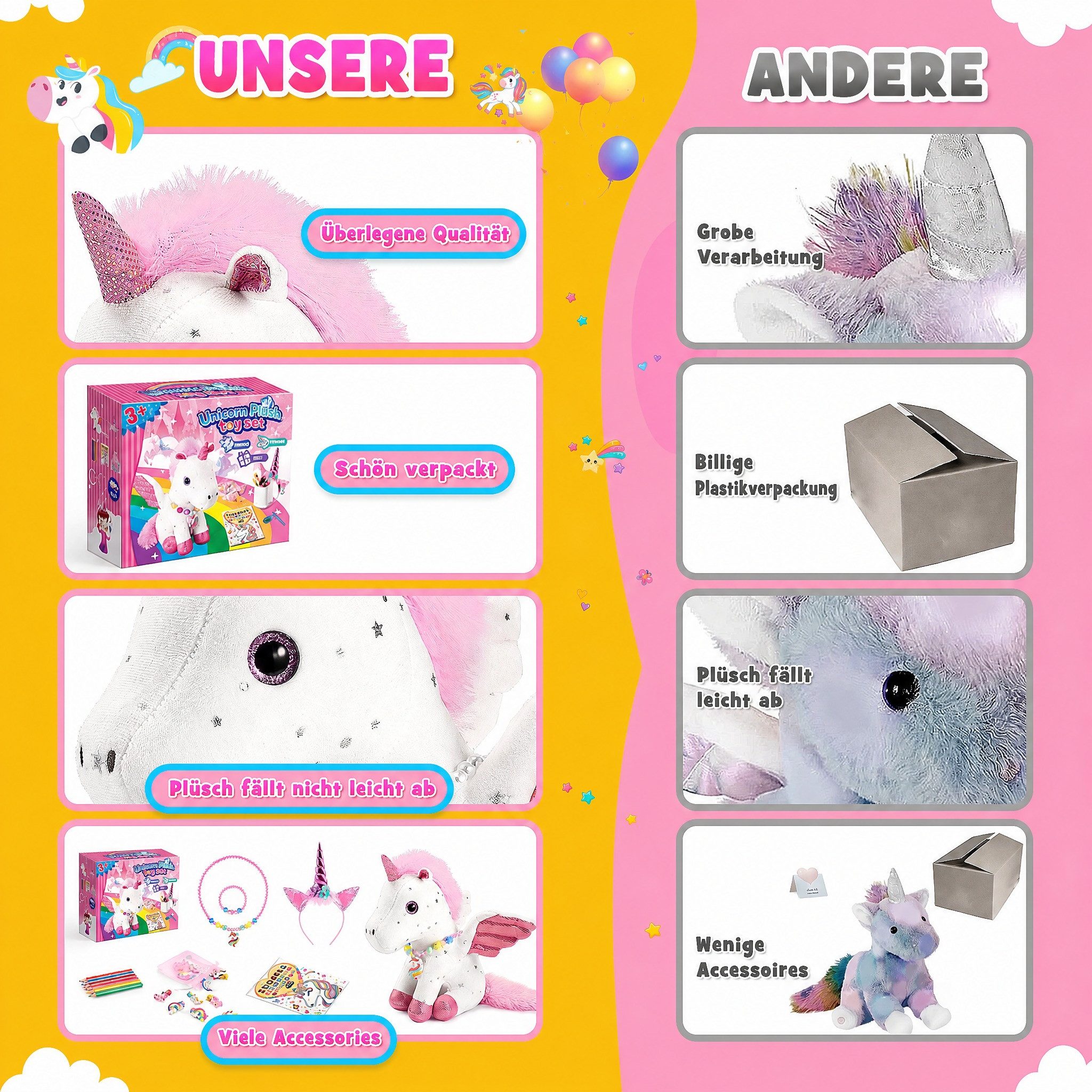 Wootoy Kuscheltier Einhorn Plüschtier Geschenkset für Mädchen 21-teiliges Kreativset (mit Malbuch Schmuck Haaraccessoires und Plüschtier, 1-St., vielseitige Kombination aus Spielzeug Bastelspaß und Schmuck), Attraktive Geschenkbox ideal für kleine Einhorn-Liebhaberinnen