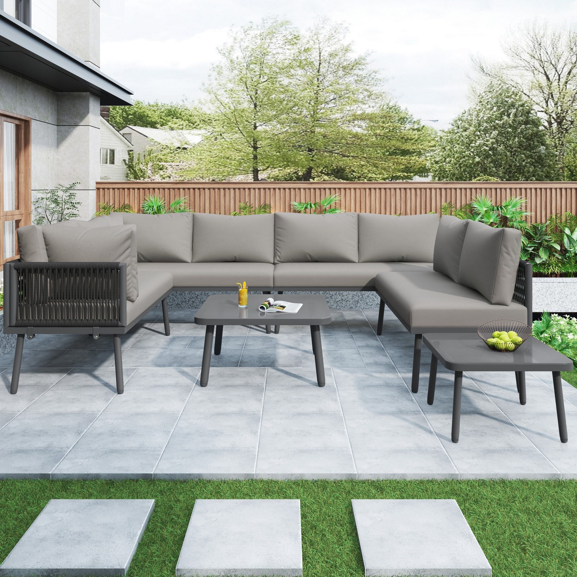 MC Star Gartensofa Eisen Garten Loungesessel Set, U-förmiges Gartenmöbel Set, balkon möbel, Wetterfestes Outdoor Ecksofa, terassenmöbel außen, für 8 Personen, mit 2 Tischen und 4 Zweisitzer-Sofas, Kissen inklusive, vers