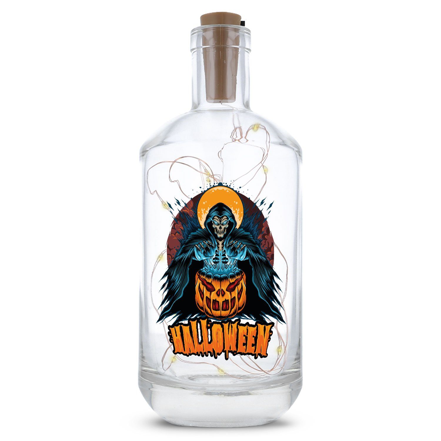 Flasche GRAVURZEILE mit Design, Lichterkette LEDs am Halloween Drahtlichterkette - Schalter im 20 UV-Druck Korken mit Lichterkette Reaper