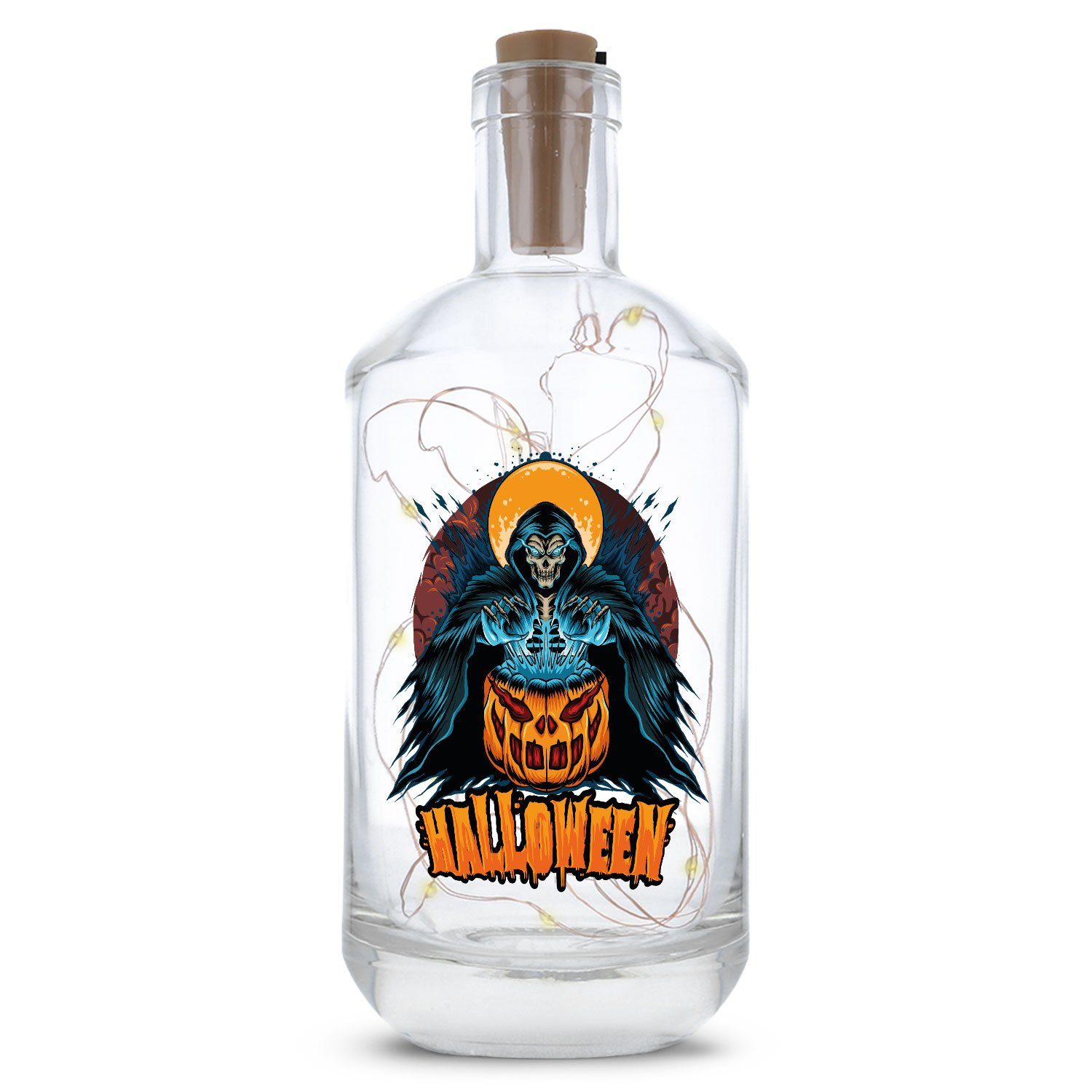 GRAVURZEILE Lichterkette Flasche mit UV-Druck - im Halloween Reaper Design, 20 LEDs Lichterkette mit Schalter am Korken Drahtlichterkette