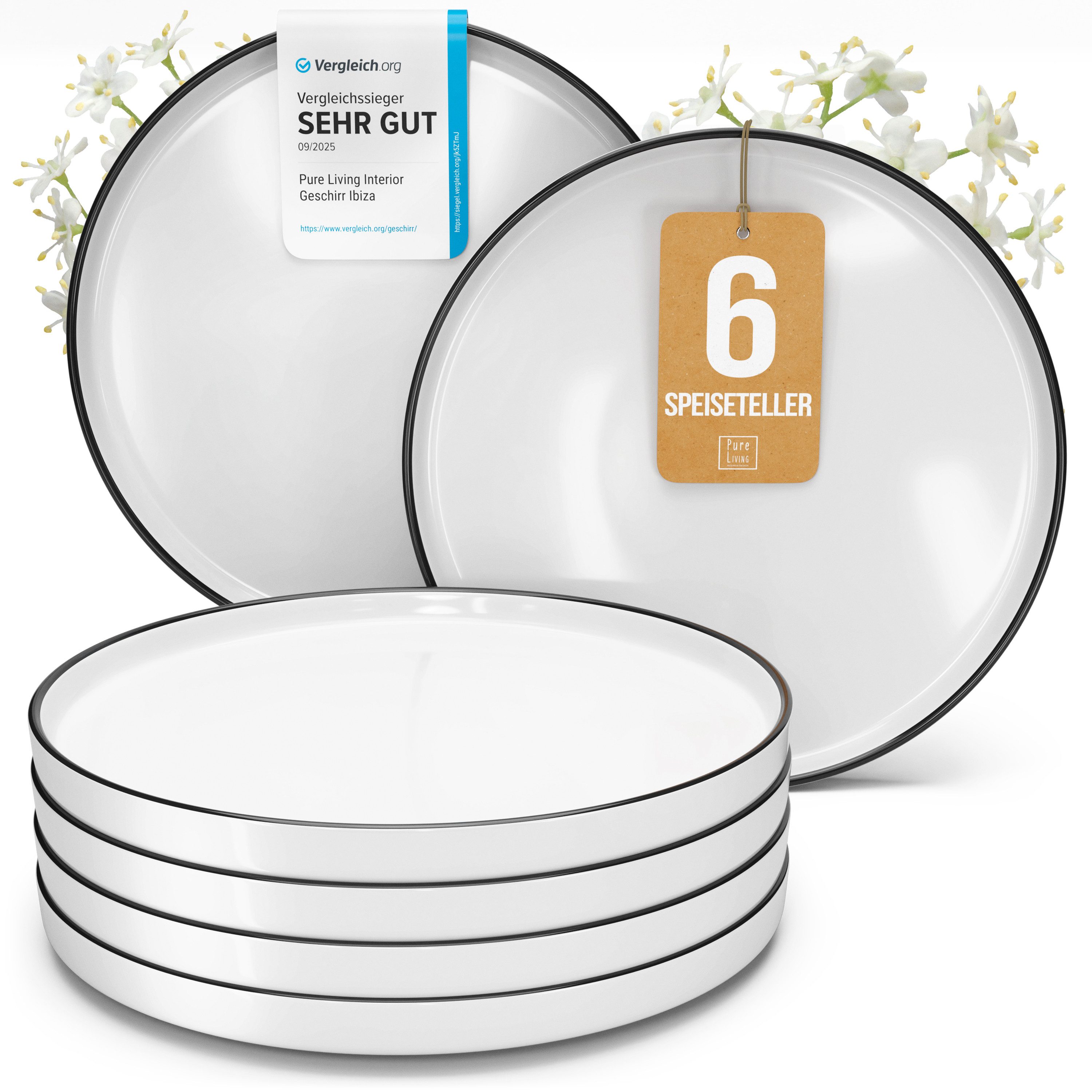 PURE LIVING INTERIOR DESIGN Geschirr-Set Scandi Speisseteller, Dinnerteller, 6er-Set, 26 cm, Weiß/Schwarz (6-tlg), 6 Personen, Porzellan
