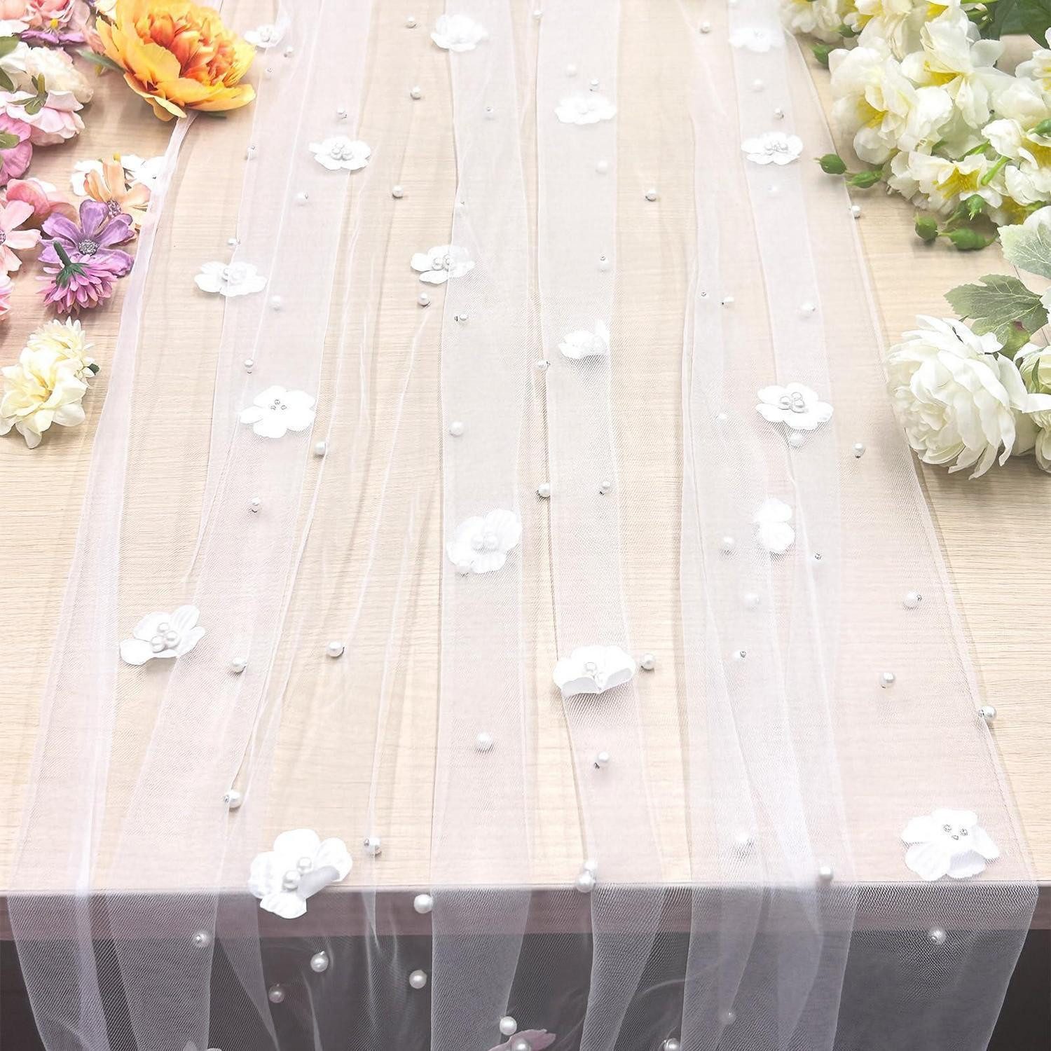 LuxusKollektion Tischläufer Tischläufer Tüll Perlen 300x80cm Weiß