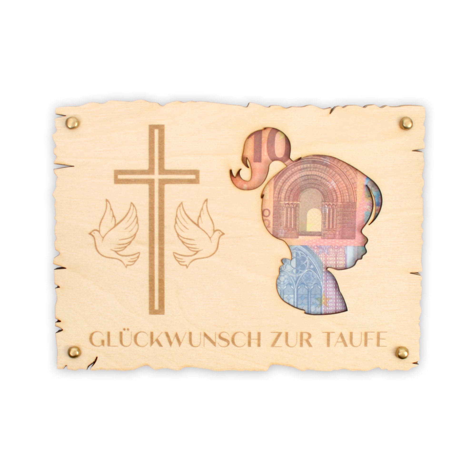 Kreative Feder Glückwunschkarte „Glückwunsch zur Taufe“ - Glückwunsch-Karte aus Holz, Geschenk-Karte für Geldgeschenke; Розмір ca.: 14,6 x 19,7cm