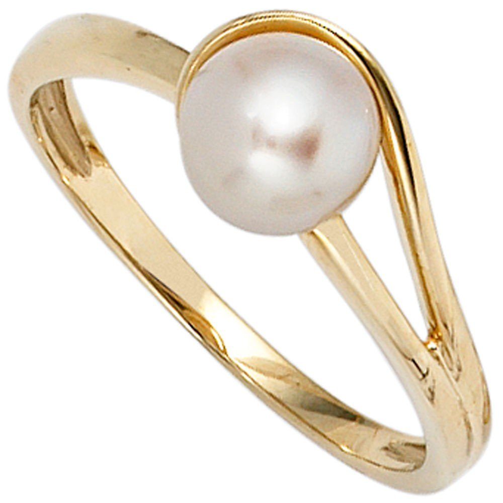 Schmuck Krone Goldring Ring mit Süßwasser Perle, 585 Gelbgold, Gold 585