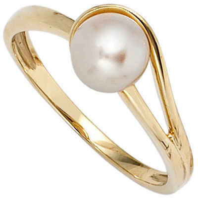 Schmuck Krone Fingerring Ring mit Süßwasser Perle, 585 Gelbgold, Gold 585