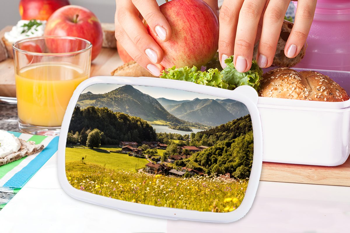 MuchoWow Lunchbox Alpen - Berge für Kunststoff, weiß Brotbox für Mädchen und Jungs Kinder - und Blumenwiese, Erwachsene, (2-tlg), Brotdose