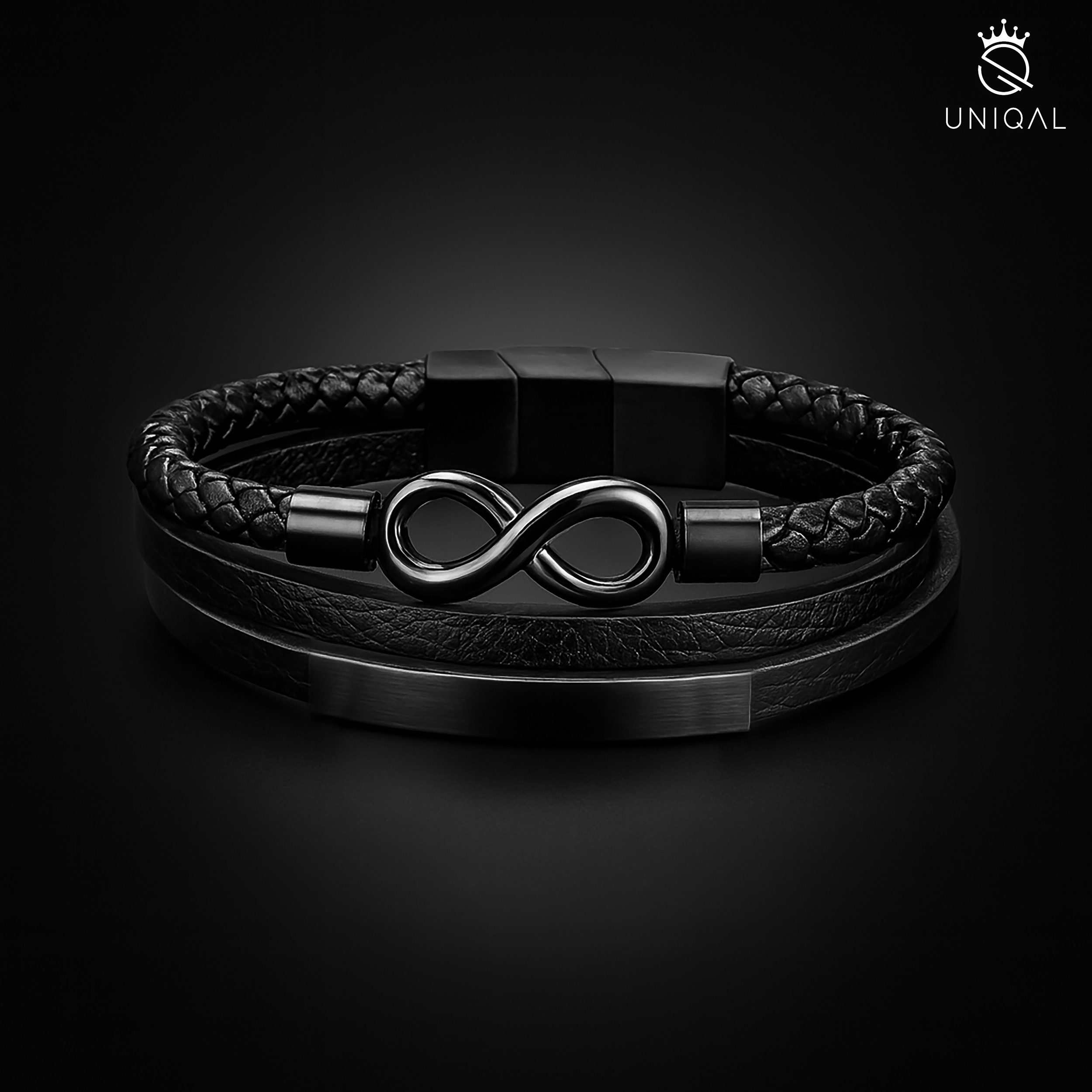 UNIQAL.de Lederarmband Unisex Schwarz & Silber mit Unendlichkeit Symbol – „NICE INFINITY“ (Elegant verarbeitet, langlebig und angenehm zu tragen – das ideale Geschenk für Männer & Frauen., Echtleder, Edelstahl, Magnetverschluss mit Verlängerungsglied), Handgefertigt in Deutschland