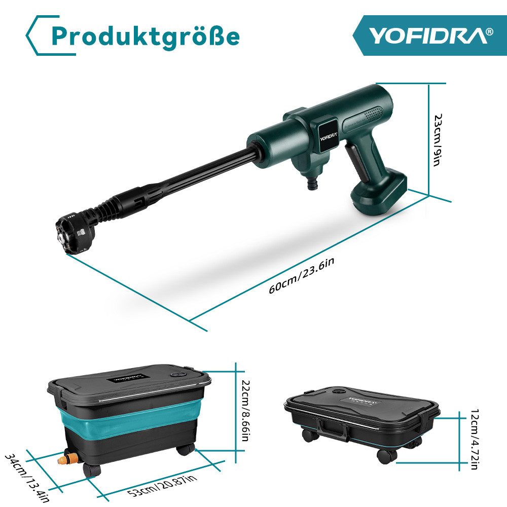 Yofidra Akku-Hochdruckreiniger 70 bar mit 2 Akkus & 22 L Falteimer, Druck max: 70 bar, 500 W, Fördermenge max: 246 l/h, tragbarer Hochdruckreiniger für Auto, Balkon, Terrasse & Garten