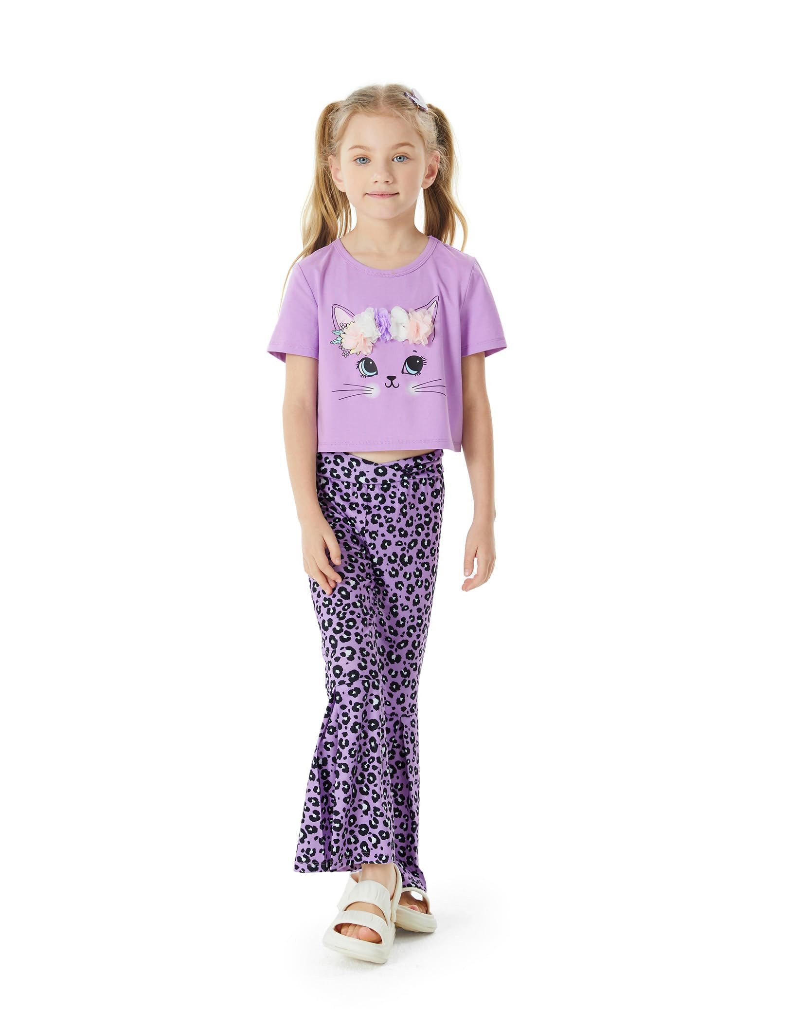 YI Kinderanzug Lila Leopard Druck Mädchen Kleidung Kinder Set Kurzärmelige