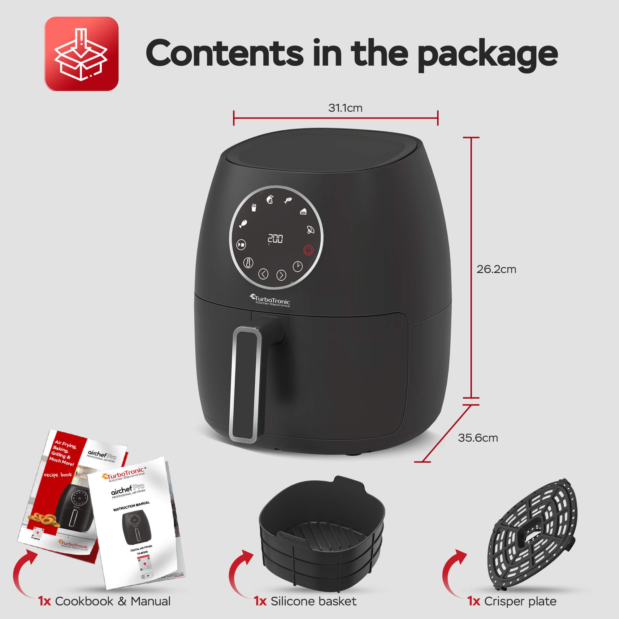 TurboTronic by Z-Line Heißluftfritteuse mit Silikoneinlage Digitaler Airfryer 6 Programme gesund kochen Grill, 1300 W, Knusprige Pommes ohne Öl