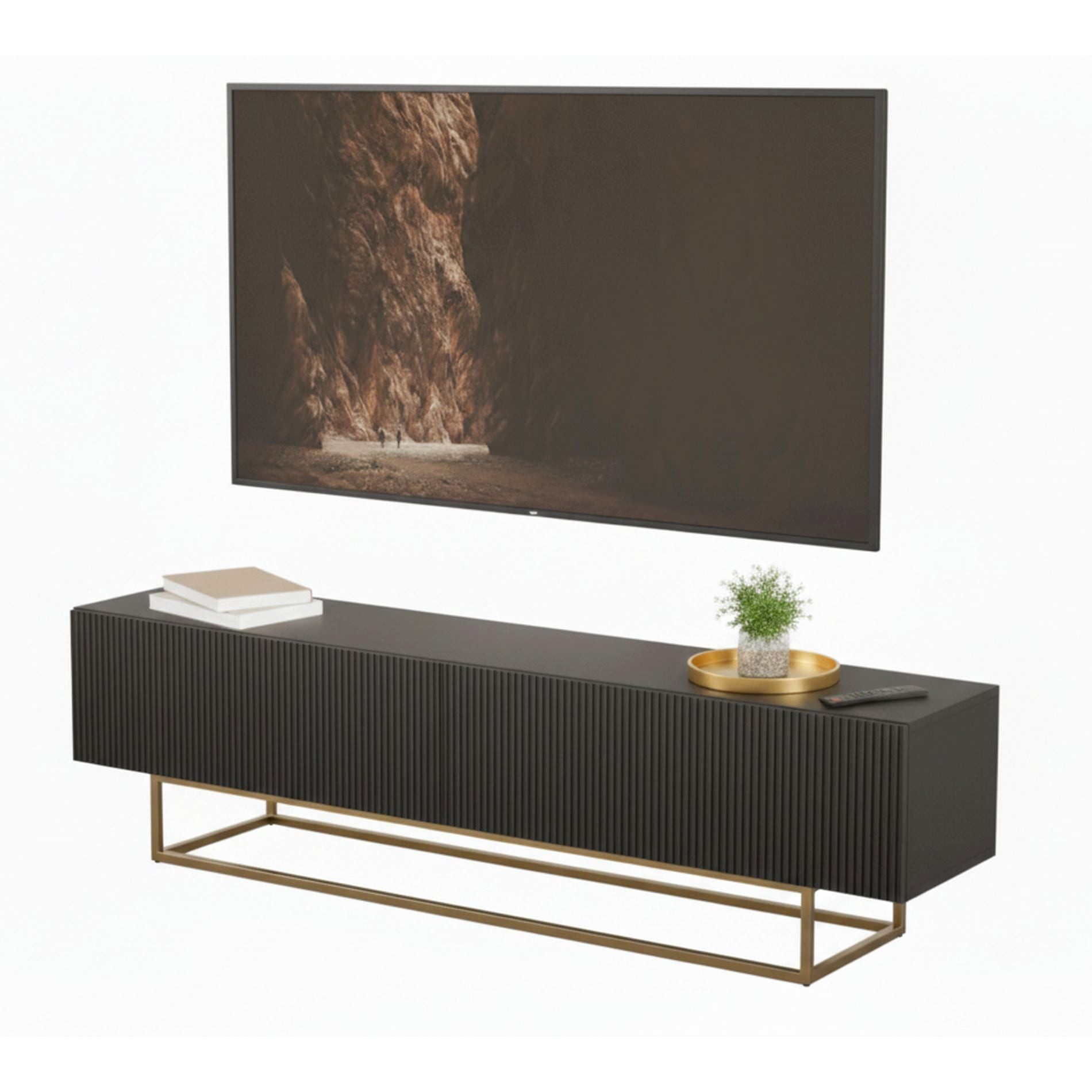 Selsey TV-Schrank VELDIO TV-Lowboard 175 cm – Riffel-Optik und Metallgestell in Gol