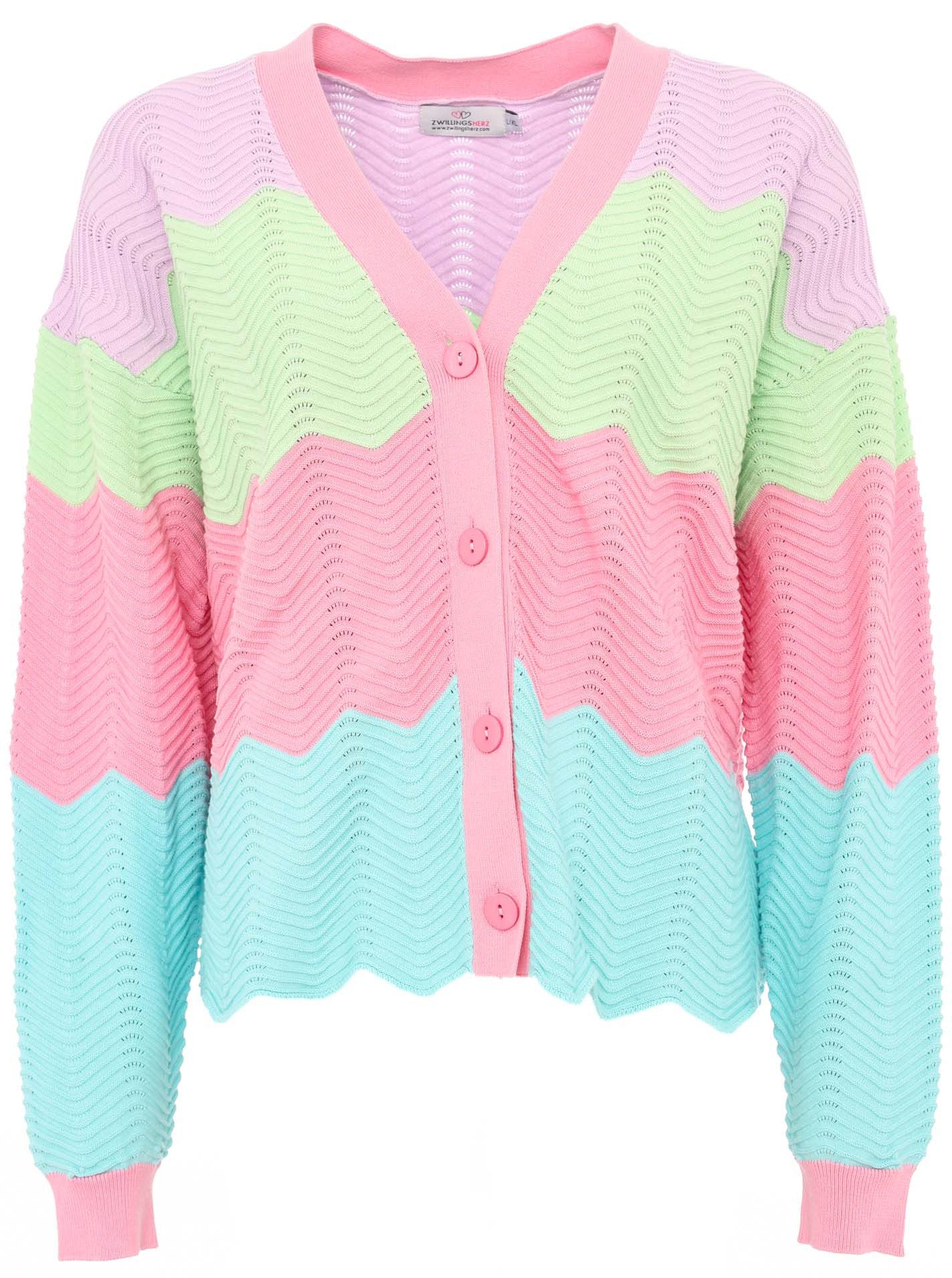 Zwillingsherz Strickjacke "Block Wellen" Langarm, V-Ausschnitt, Knöpfe, Bau günstig online kaufen