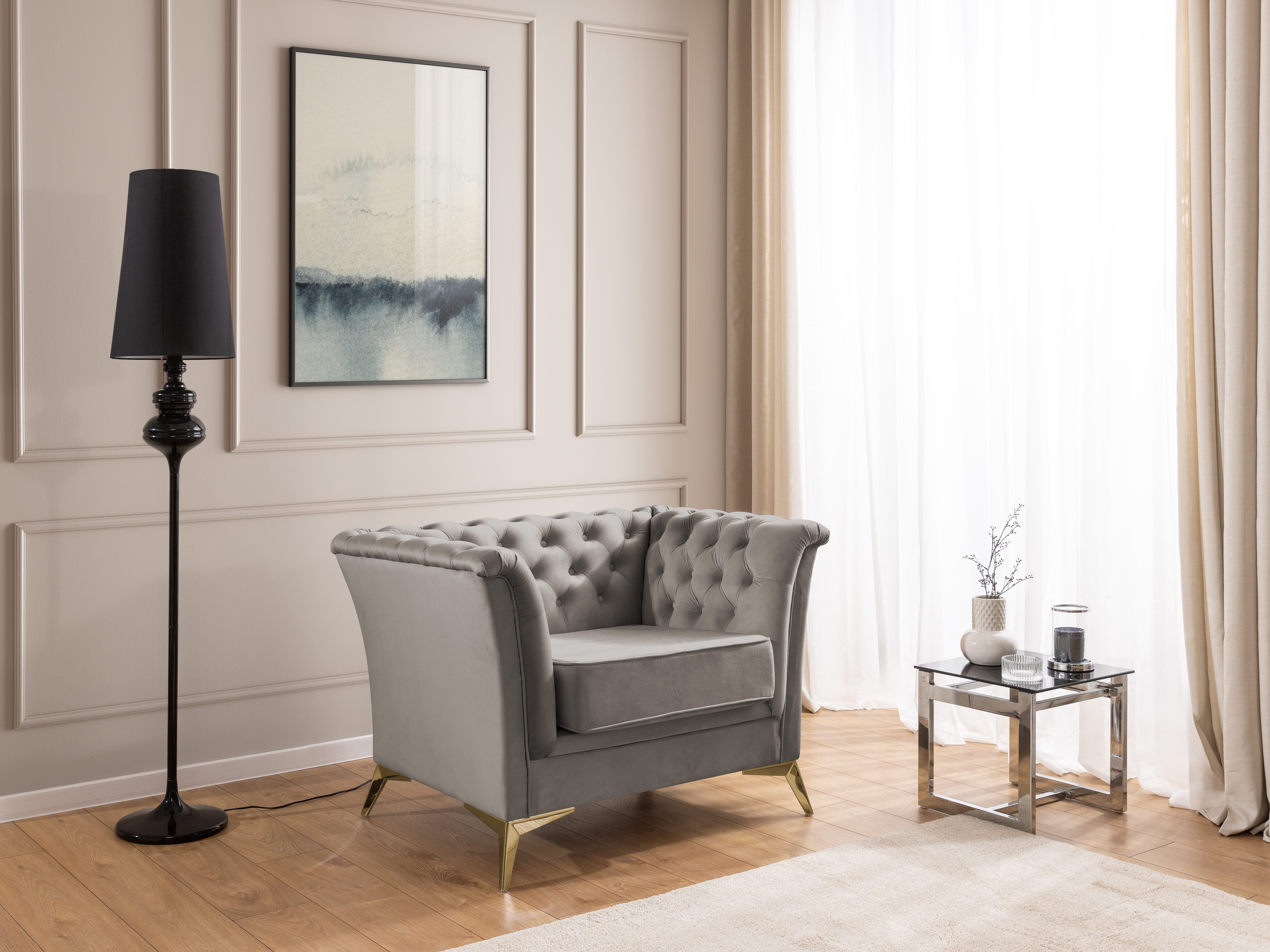 S-Style Möbel Chesterfield-Sessel Whitby aus Samt mit goldenen, silbernen oder schwarzen Füßen, mit Wellenfederung
