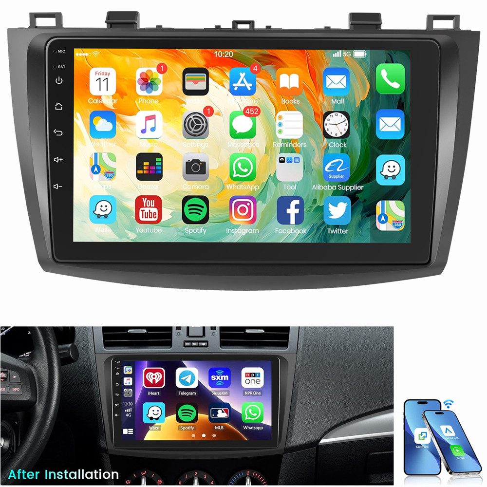 ESSGOO Für Mazda 3 2010-2013 Android 15 Carplay Autoradio Autoradio (RDS, Digitalradio (DAB), FM, Carplay Android Auto GPS Navi WIFI BT SWC)