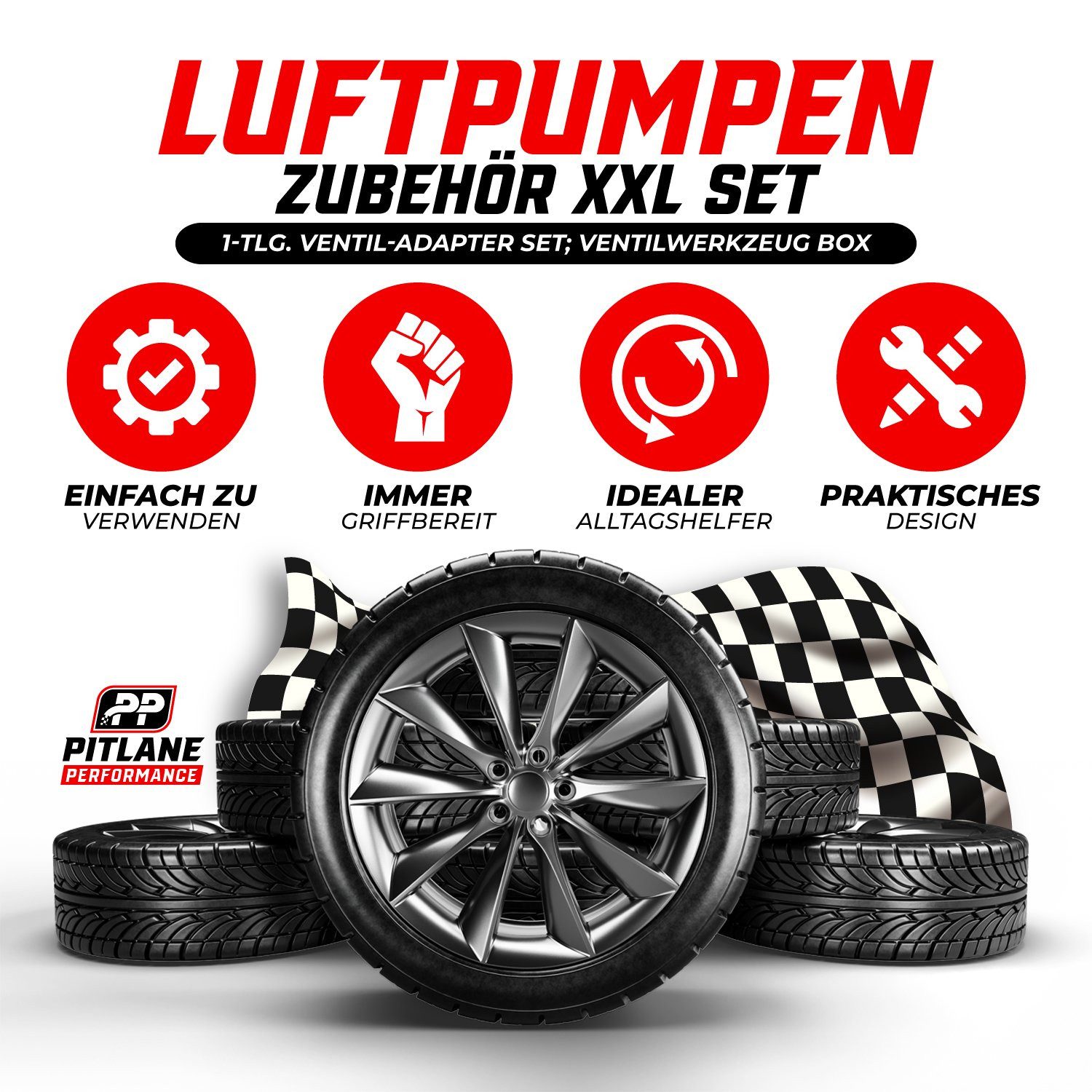 Pitlane Performance Luftpumpe Luftpumpen-Zubehör XXL (Ventil-Adapter-Set, 21-tlg., 21-teilig mit Adaptern, Zubehör und Aufbewahrungsbox), Für AV-, SV- und DV-Ve – Bild 4 von 5