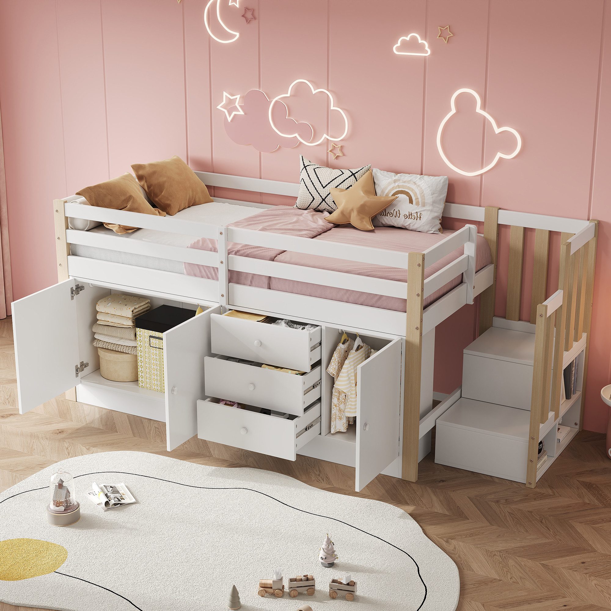 HAUSS SPOLE Kinderbett 90x200 mit Treppe, Schubladen, 2 Stauschränken und Wäschestange, weiß (Etagenbett, Einzelbett, 1-tlg., ohne Matratze, 90*200 cm), mit Treppe, Schubladen, 2 Stauschränken und Wäschestange