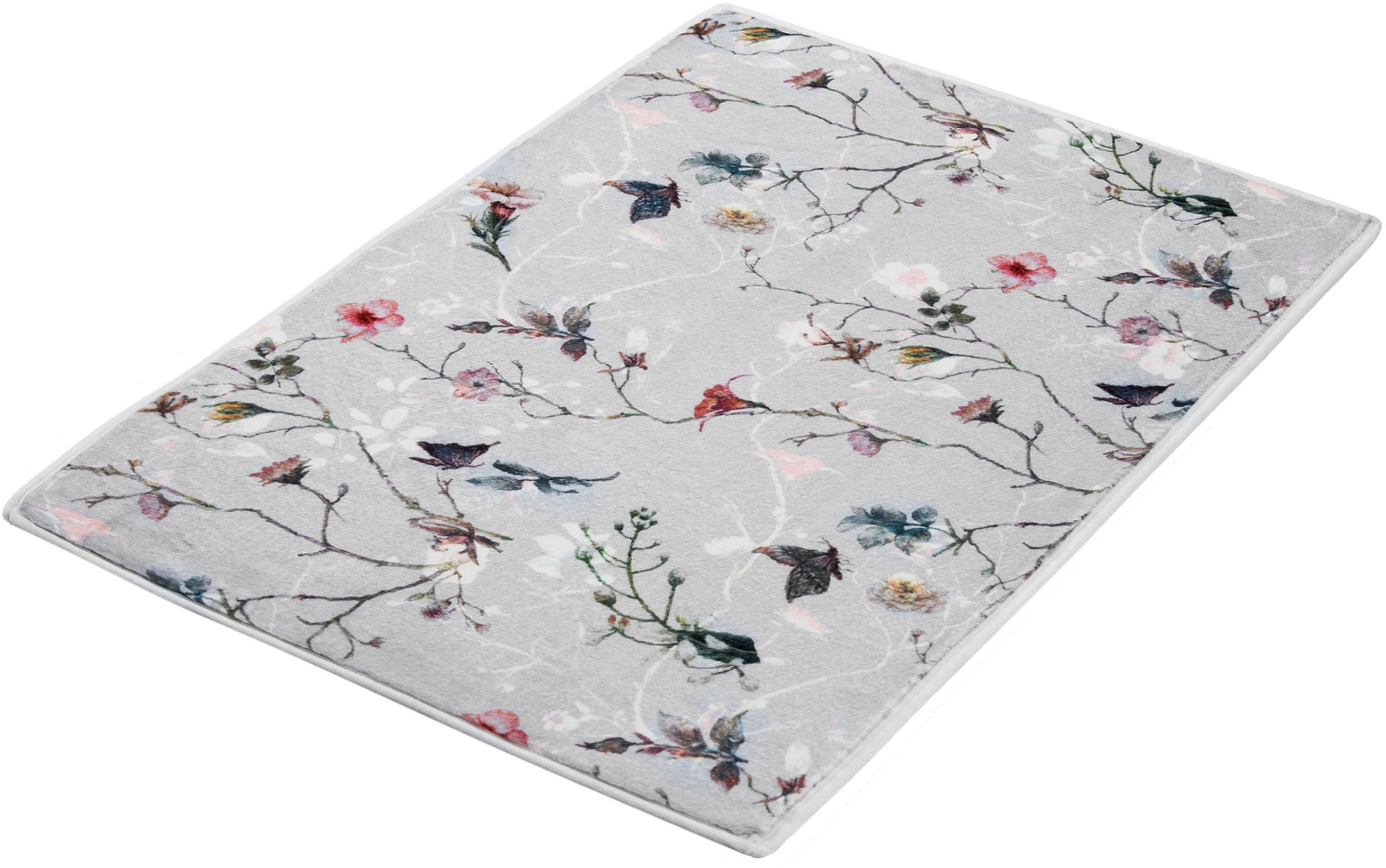 Kleine Wolke Badematte Flores, Höhe 5 mm, rutschhemmend beschichtet, fußbodenheizungsgeeignet, Polyester, rechteckig, romantisch verspieltes Design mit Blumen und Schmetterlingen