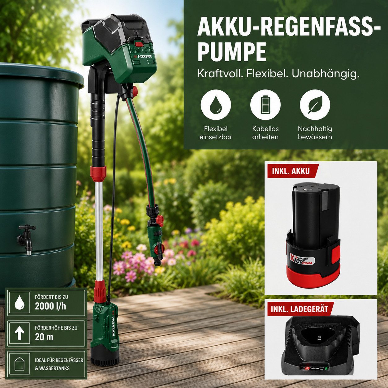 Parkside Regenfasspumpe Parkside 12 V Akku-Regenfasspumpe PRPA 12-Li, mit Akku und Ladegerät