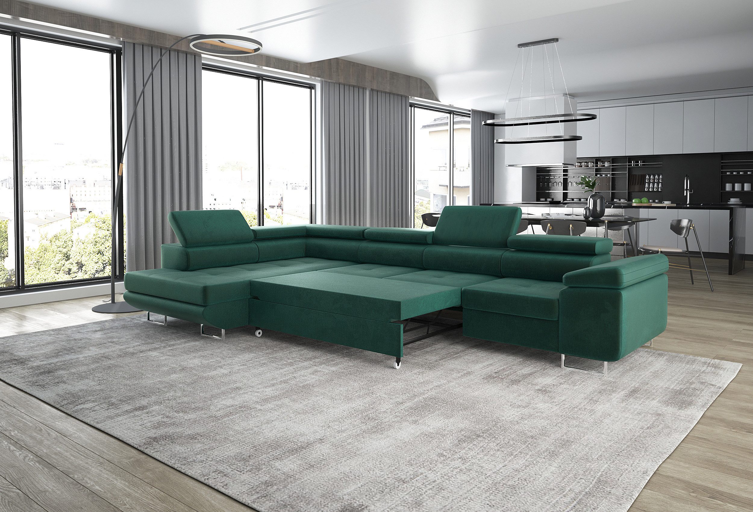 thematys Ecksofa ASTON LONG 355 x 204cm mit Schlaffunktion & Bettkasten – L-Sofa, mit Kopfstützen, Cord (Poso) oder Samt (Monolith), - XXL Wohnlandschaft im modernen Design