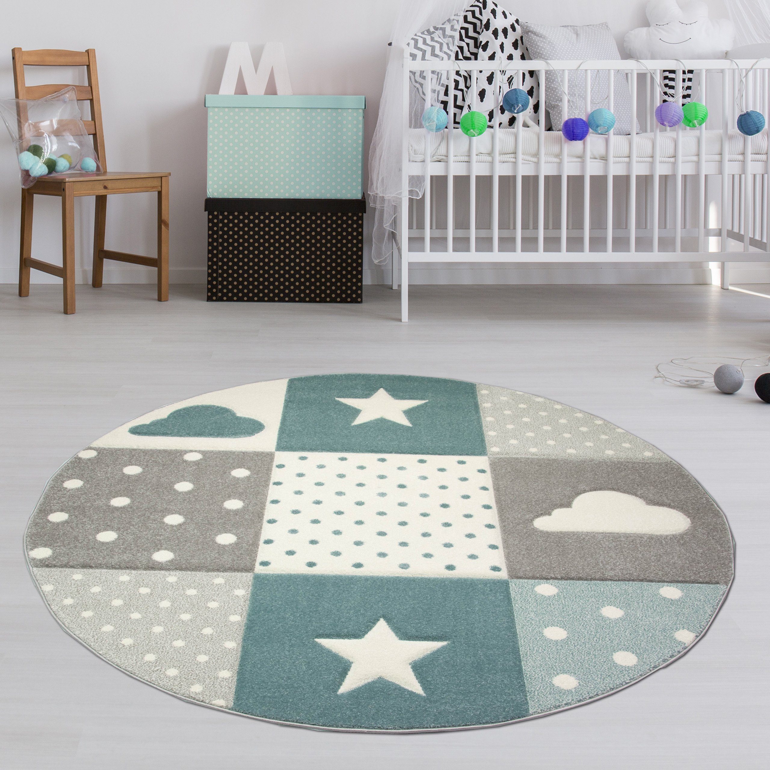 TeppichHome24 Kinderteppich Kinderteppich mit Stern Wolke in Blau Grau Creme, Rund, Höhe: 1.3 mm
