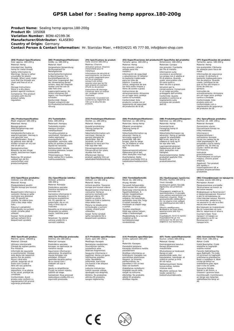 KLASEBO® Gewindedichtung Dichthanf ca.180-200g