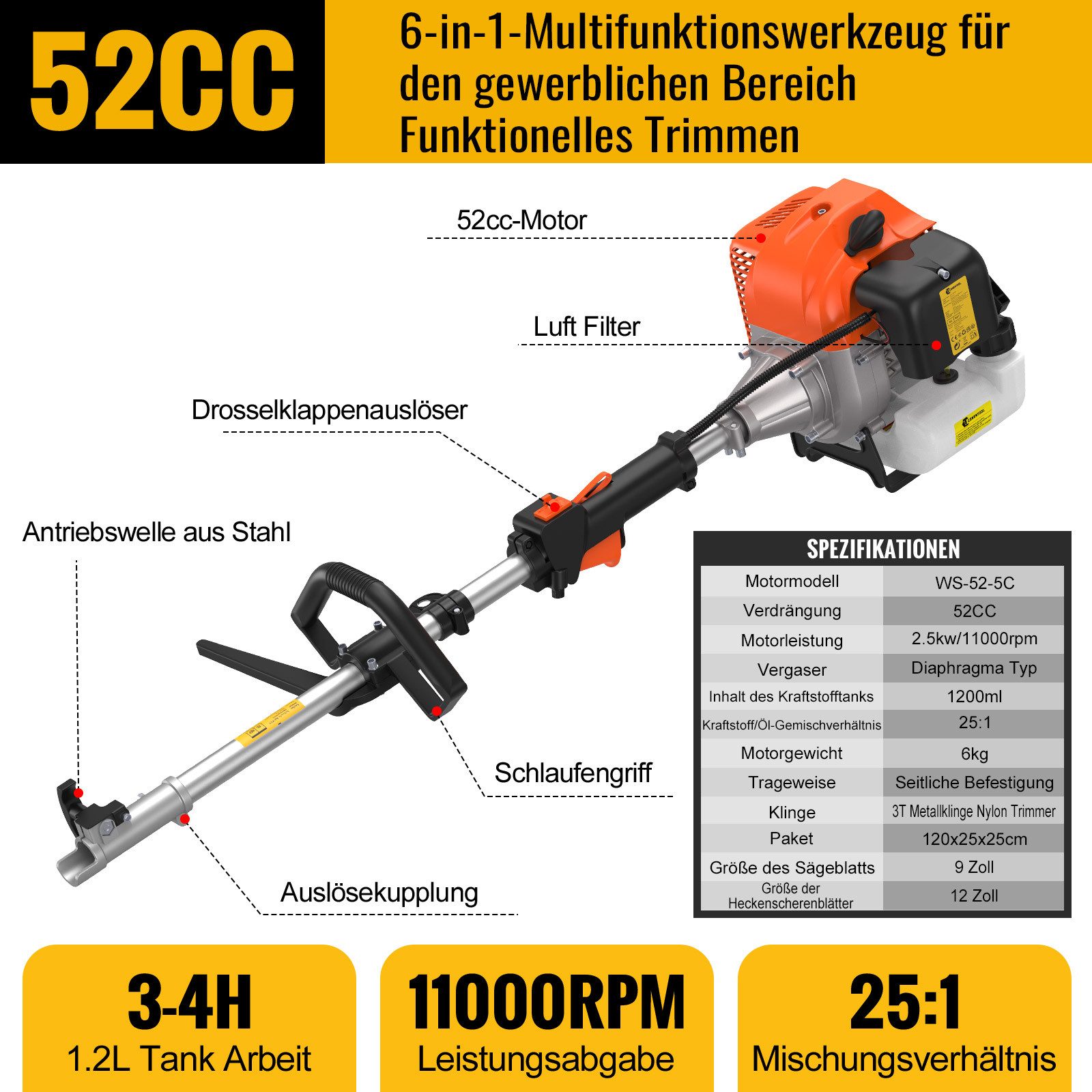 CONENTOOL Benzin-Motorsense 6 in 1 Benzin Rasentrimmer 52cc, 2,5kW, 25.5 cm Arbeitsbreite Messer, 43 cm Arbeitsbreite Faden, Multitool, Rasenmäher, Heckenschere, Motorsäge in einem