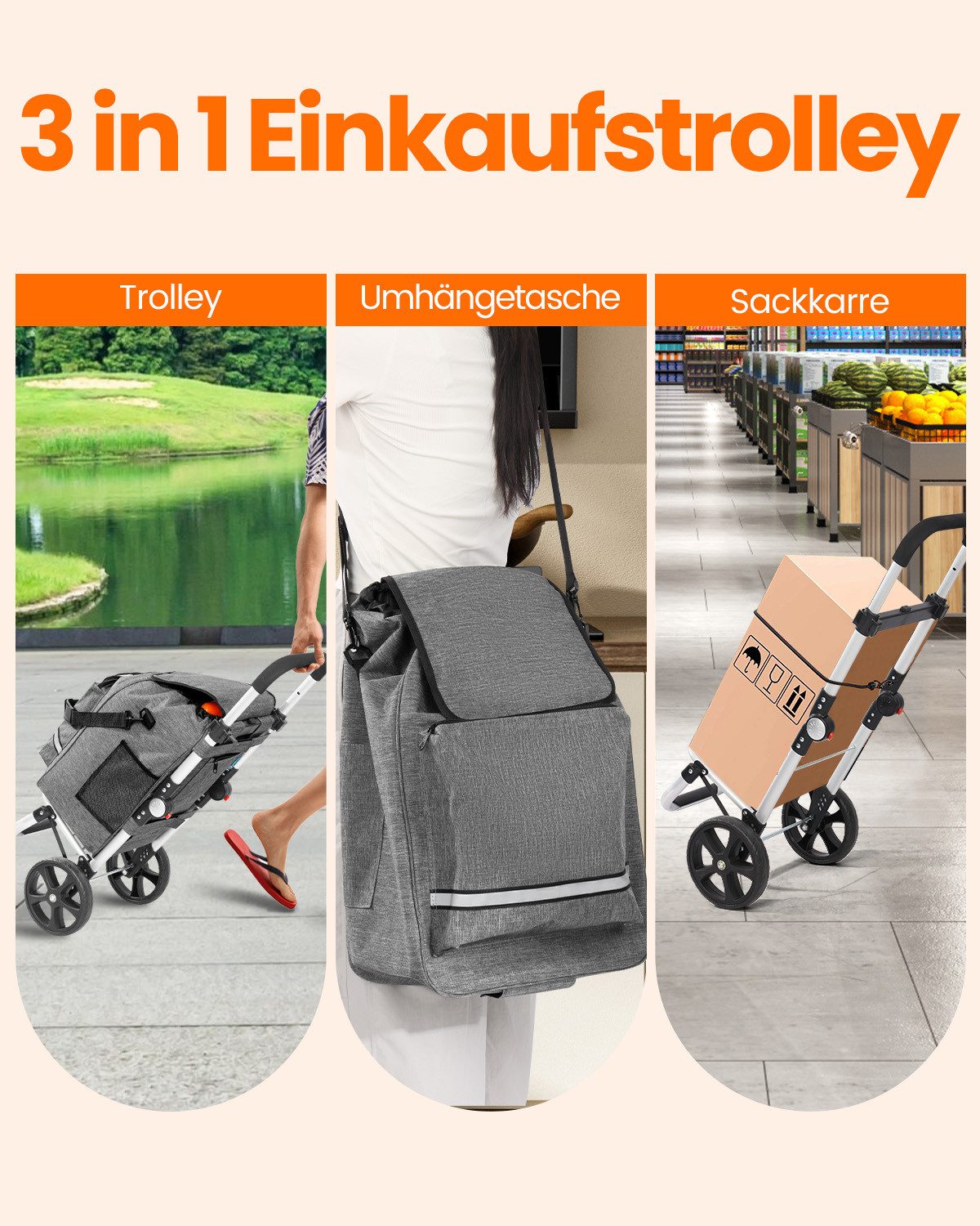 HOMECALL Einkaufstrolley klappbar Einkaufswagen 3 in 1 Shopping Trolley Mit Kühltasche-55L, Bis 50KG mit 50L + 5L kühlfunktion Einkaufstasche mit Rollen – Bild 5 von 5