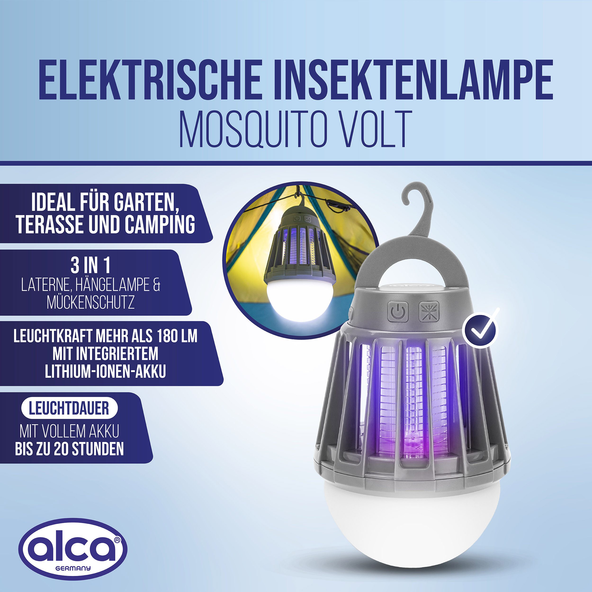 alca Insektenvernichter Elektrische Insektenlampe 3‑in‑1, 180 Lumen, IPX6, 2000 mAh Akku, USB