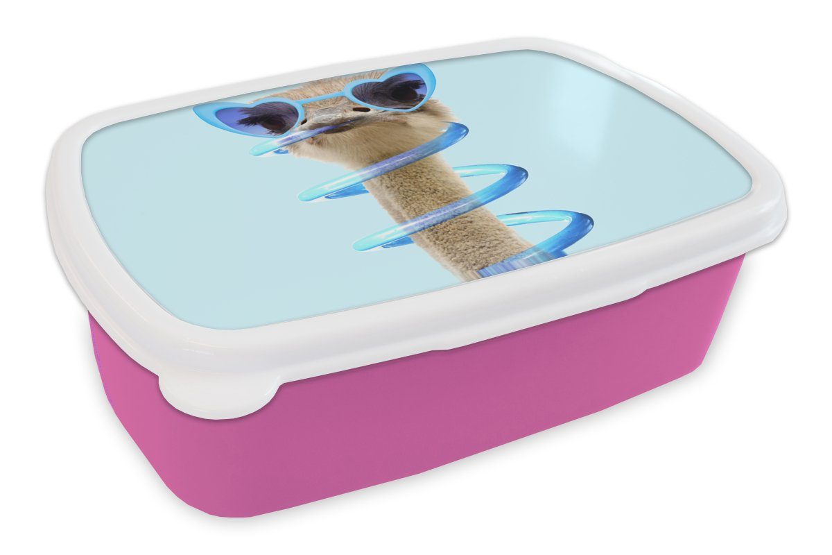 MuchoWow Lunchbox Strauß - Sonnenbrille - Blau - Tiere, Kunststoff, (2-tlg), Brotbox für Erwachsene, Brotdose Kinder, Snackbox, Mädchen, Kunststoff rosa