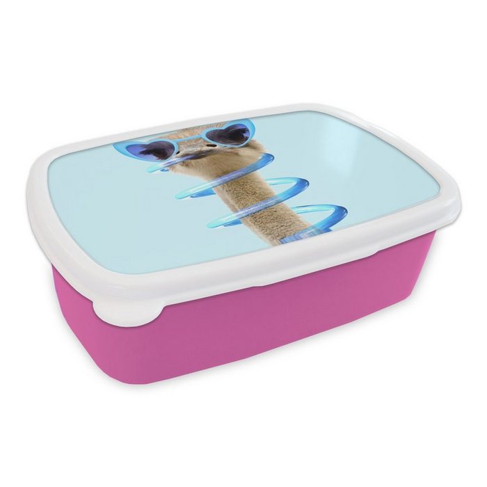 MuchoWow Lunchbox Strauß - Sonnenbrille - Blau - Tiere Kunststoff (2-tlg) Brotbox für Erwachsene Brotdose Kinder Snackbox Mädchen Kunststoff