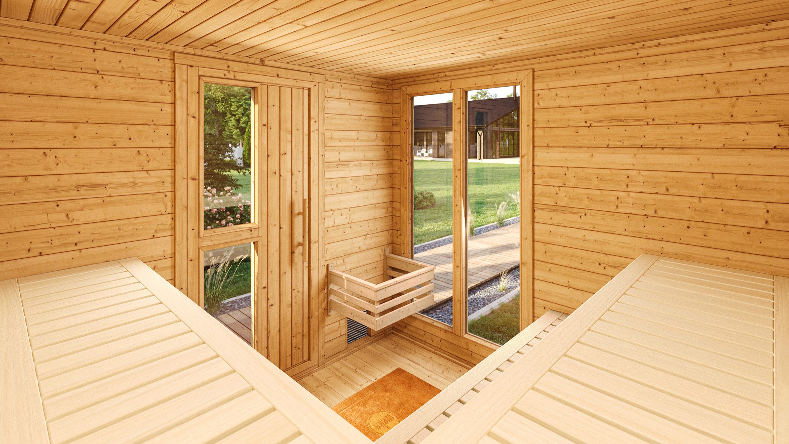 weka Saunahaus Design-Saunahaus KUOPIO 2, BxTxH: 263 x 303 x 253 cm, 45 mm, Blockbohlen im wekaLine-Profil, bodentiefes Fensterelement