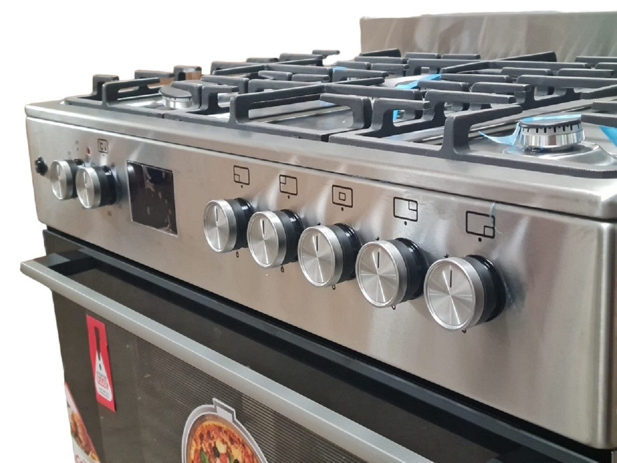 Gasline Gas-Standherd mit Elektro-Gas Backofen, Elektro Oberhitze + Gas Unterhitze, GAG90PINEX, mit 1-fach-Teleskopauszug, Vollzündsicherung, 90 cm breit mit WOK Brenner und Drehspieß Erdgas/Propangas