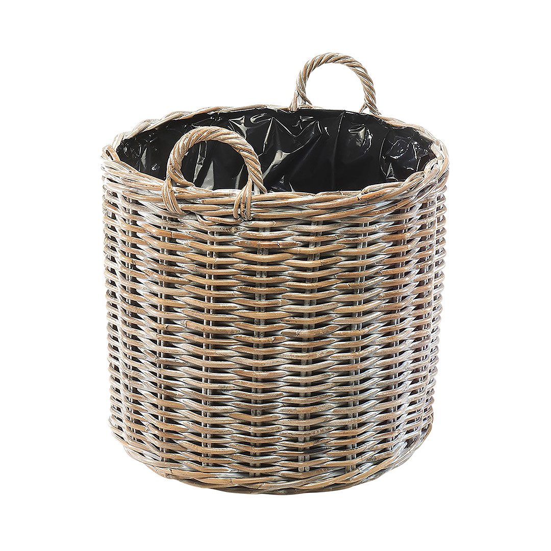 Pflanzkübel Pflanzkorb rund aus grauem Rattan mit Folie