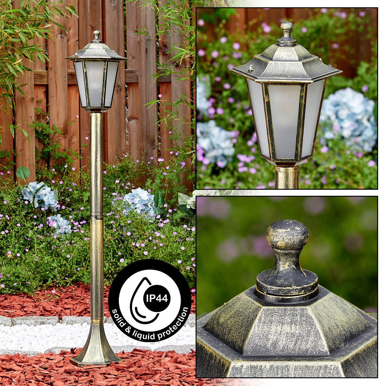 hofstein Pollerleuchte Wegeleuchte aus Metall/Glas in Gold-Braun/Milchglas, ohne Leuchtmittel, Wechselscheiben in Klar, antike Außenleuchte, Gartenlampe, IP44, 1xE27