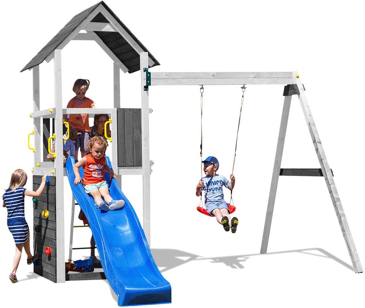 FUNGOO Spielturm CAROL2 Grey White, mit Schaukel & Rutsche, Kletterwand