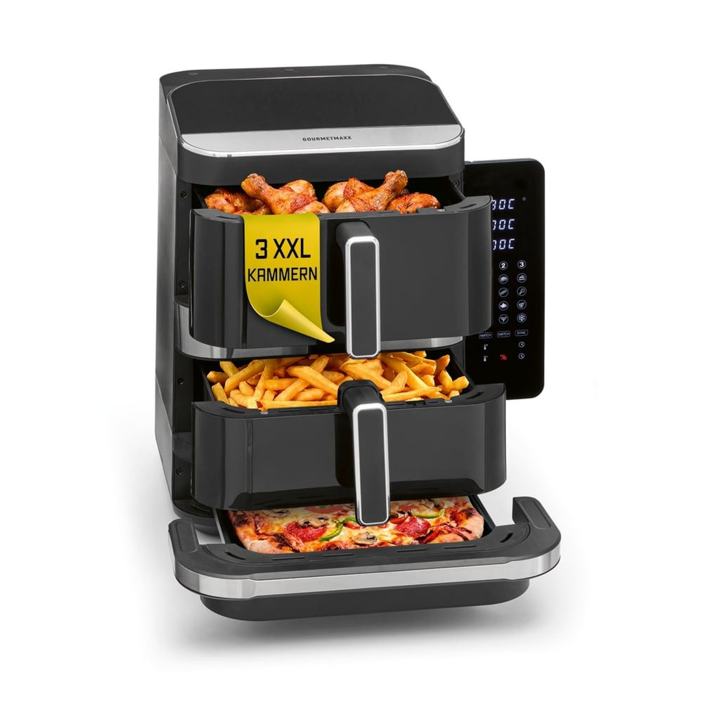 GOURMETmaxx Heißluftfritteuse GOURMETmaxx Heißluft-Fritteuse 2800W schwarz Doppelkorb vertikal 4l + 6l mit Pizzafach, 2800 W, Heissluftfritteuse XXL, ohne Öl, für Fritteusen Pizza etc.
