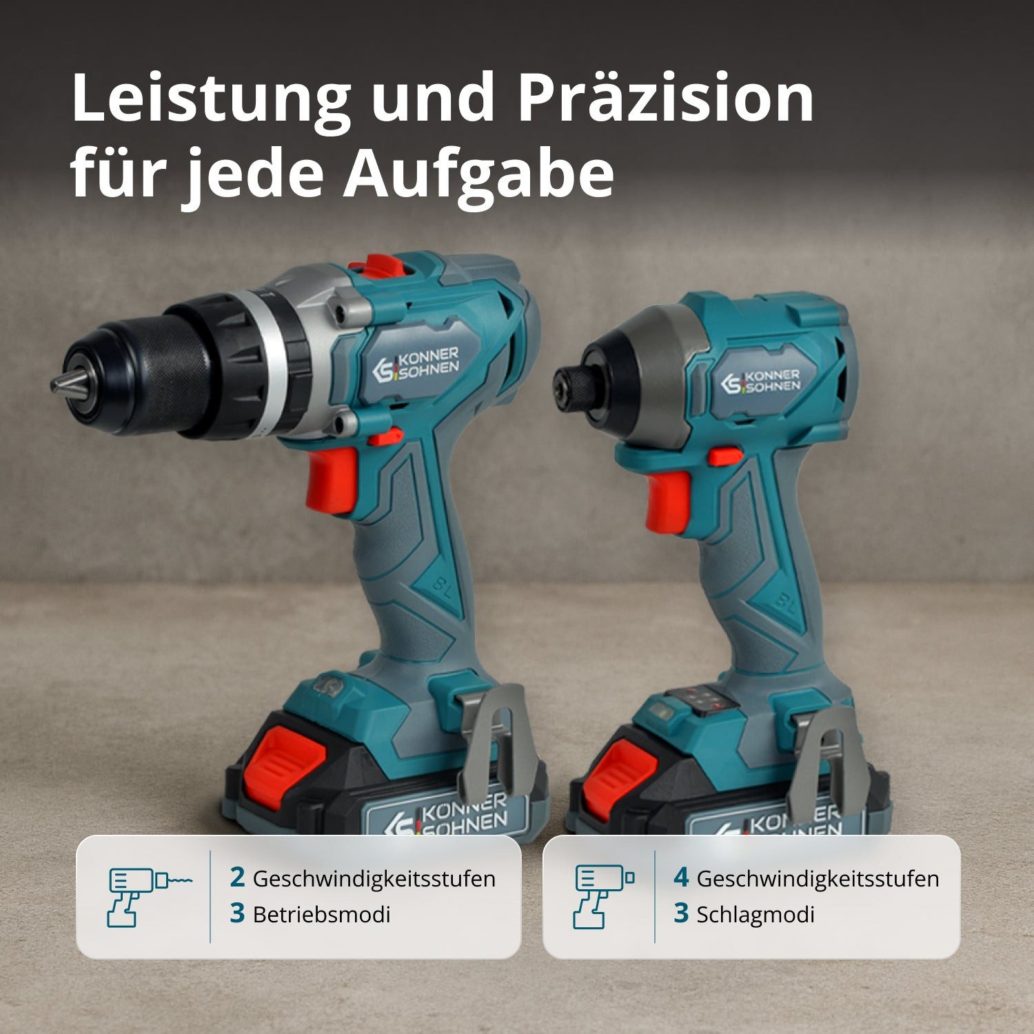 Könner & Söhnen Akku-Schlagbohrschrauber KS IDISD 20V SET 2, (Schlagbohrmaschine und Schlagschrauber zum Bohren, Befestigen und für Reparaturarbeiten zu Hause), komplett mit 2×2Ah 20V Akkus und Ladegerät im Koffer.