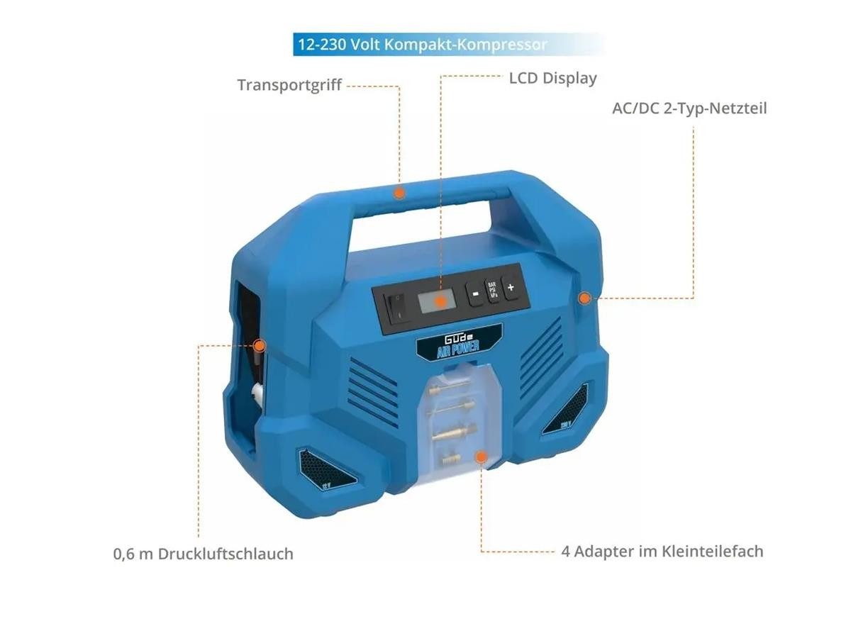 Güde Kompressor Dual Drive 12/230V/5-tlg., max. 8 bar, Set, 8 bar max. Betriebsdruck, 110 W Motorleistung – Bild 5 von 5