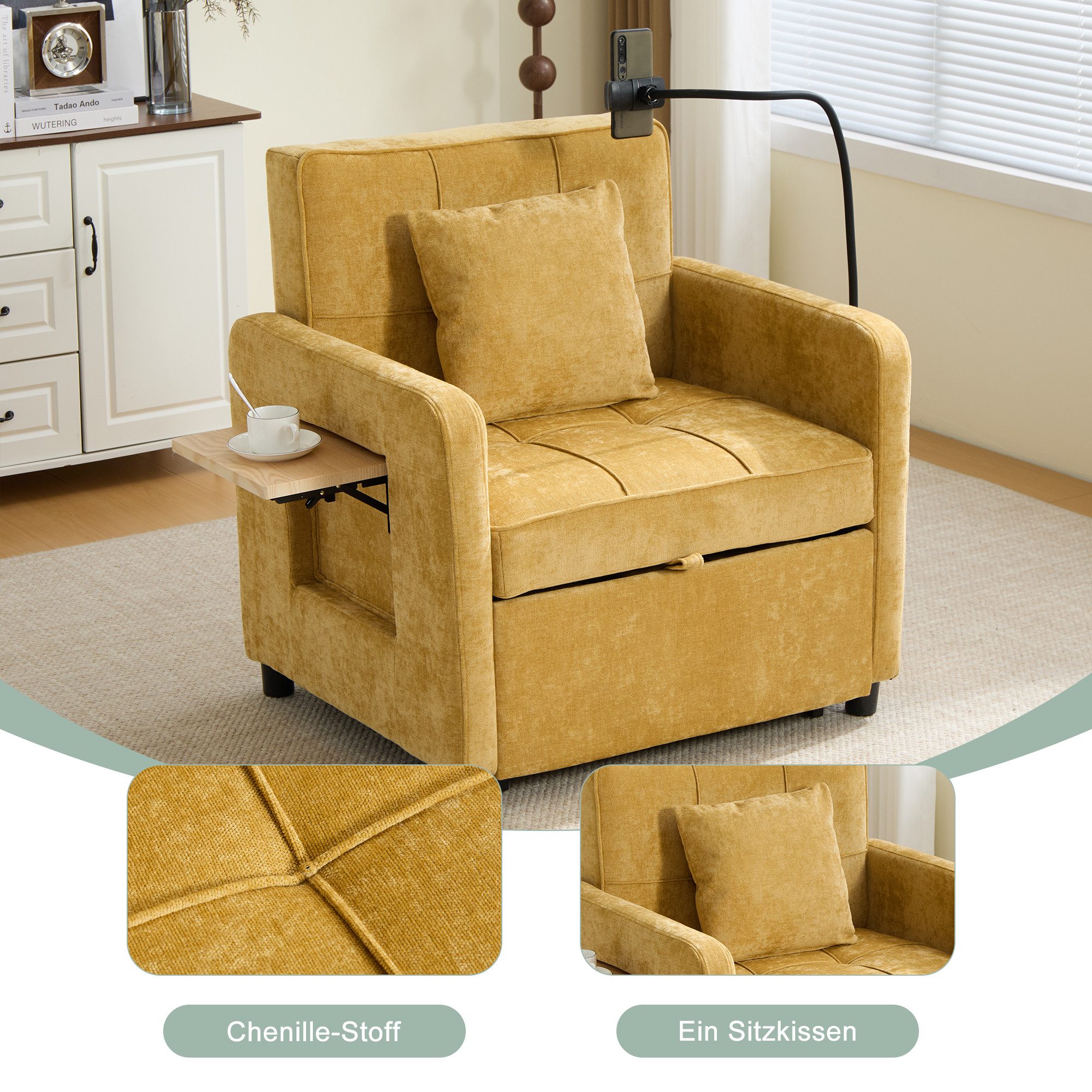 OKWISH Polsterstuhl Freizeitstuhl Loungesessel (mit Seitentaschen und Kissen, Einzelschlafsofa mit Aufbewahrung und kleinem Tisch, 2-in-1 Design)