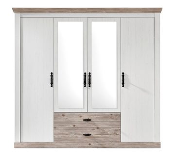 Furn.Design Kleiderschrank Rovola (Schrank in Pinie weiß und Oslo-Pinie, 4-türig, 217 x 201 cm) mit Spiegeltüren und Schubladen