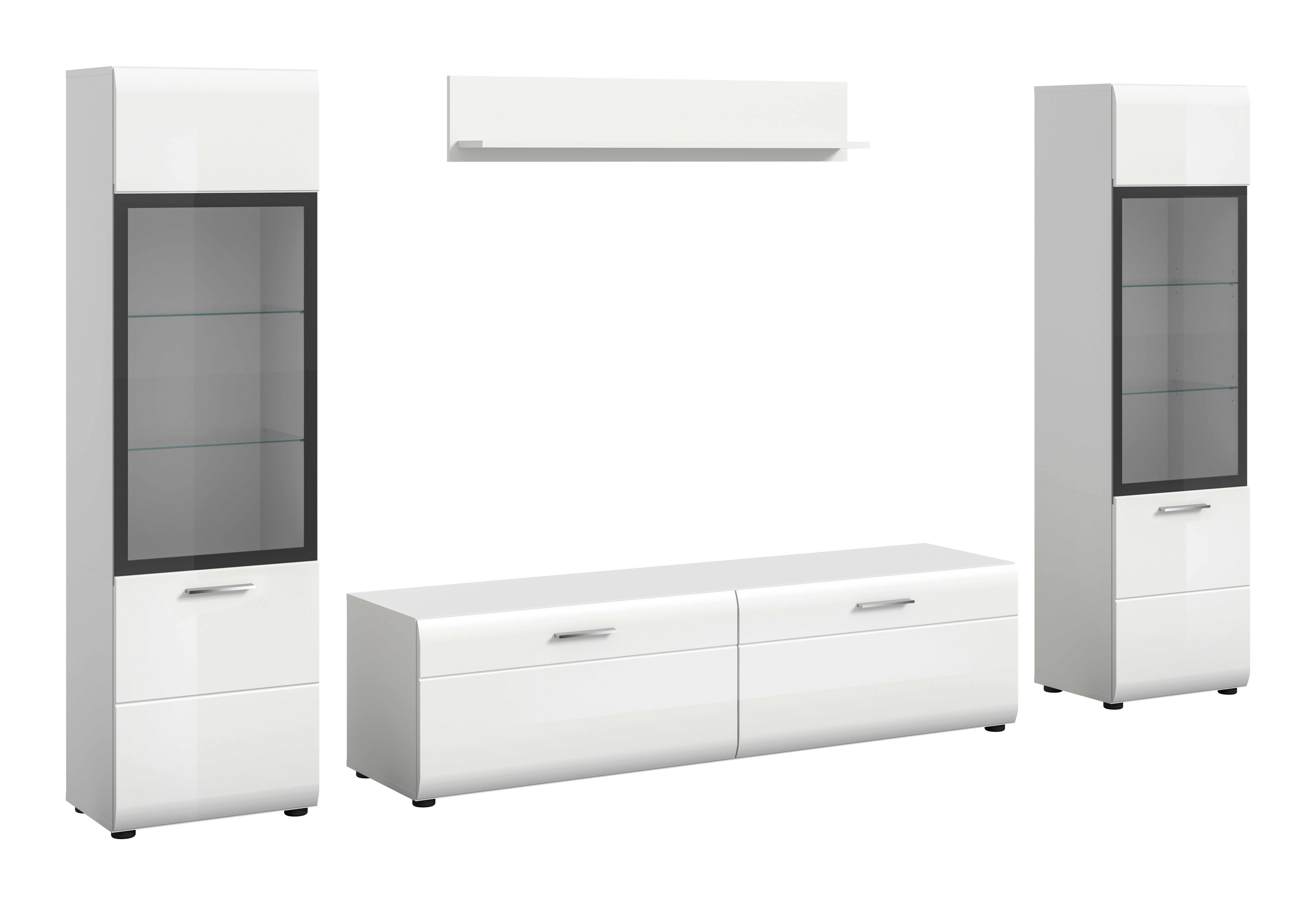 furnling Wohnzimmer-Set Ivy, (4-St., Lowboard, 2x Vitrine, Wandboard), mit Rillenfräsung in der weißen Hochglanz Front, Breite 280 cm