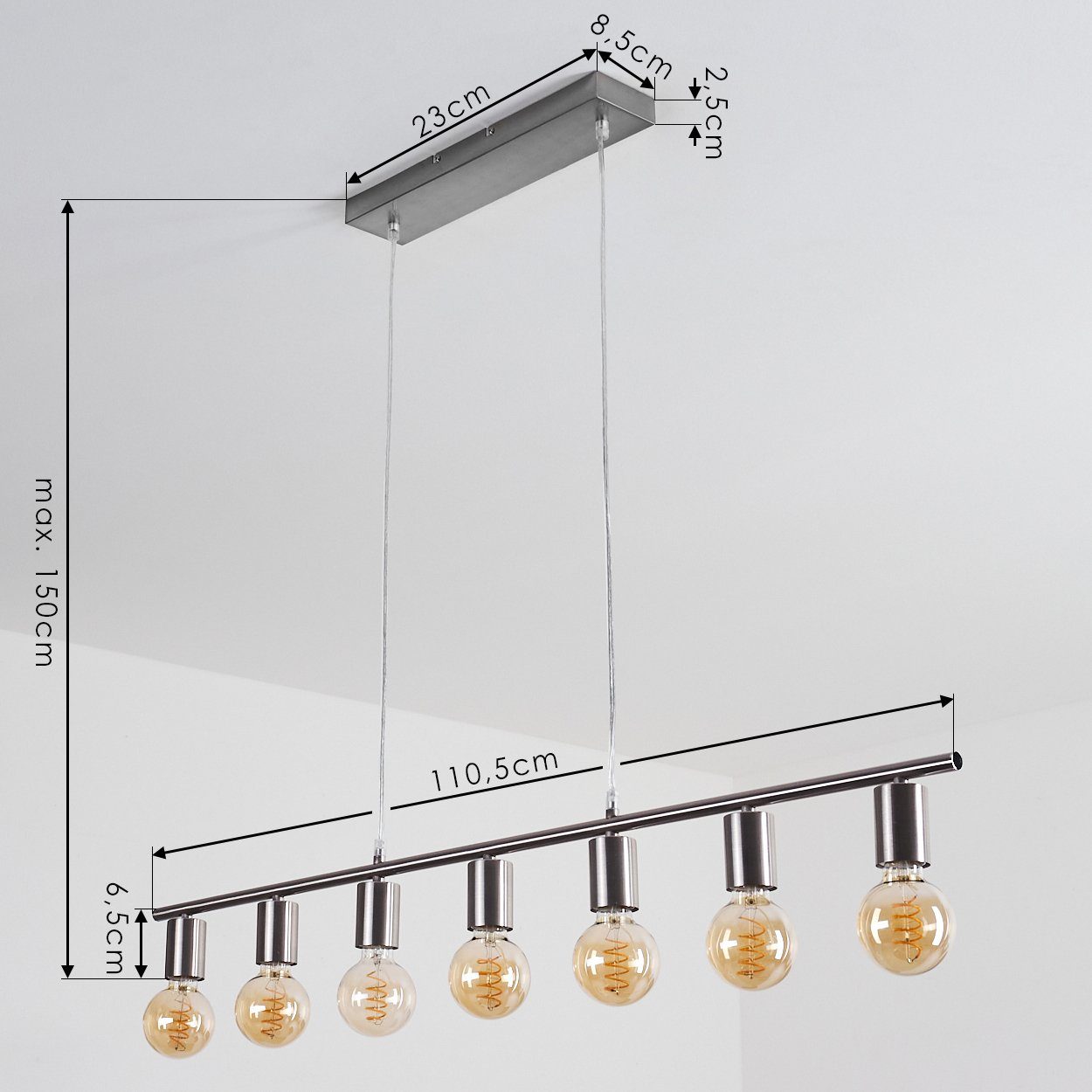 moderne aus »Seano« Pendelleuchte Hängelampe Zimmerlampe, 7xE27 Nickel-matt, Metall hofstein in längliche ohne Leuchtmittel, 7-flammige