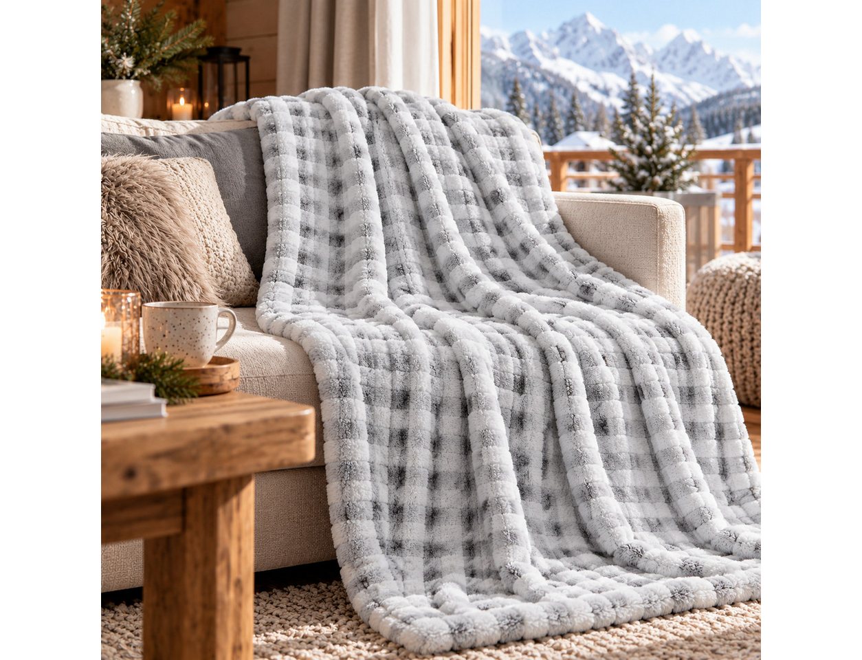 Wohndecke KAROMUSTER FLUFFY, Design91, Decke mit 3D-Effekt Karo – weiche Sofadecke 150x200, 170x210