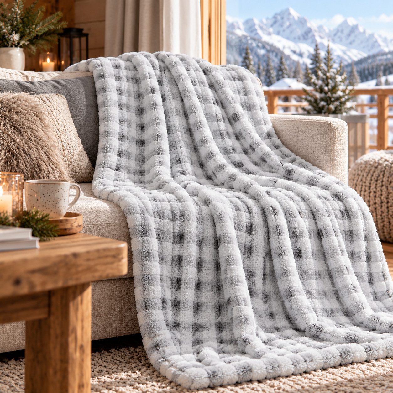 Wohndecke Weiche Kuscheldecke mit 3D-Effekt „Karo“, Design91, flauschige & stillvolle Sofadecke: 70x160, 170x210, 200x220 cm, Decke