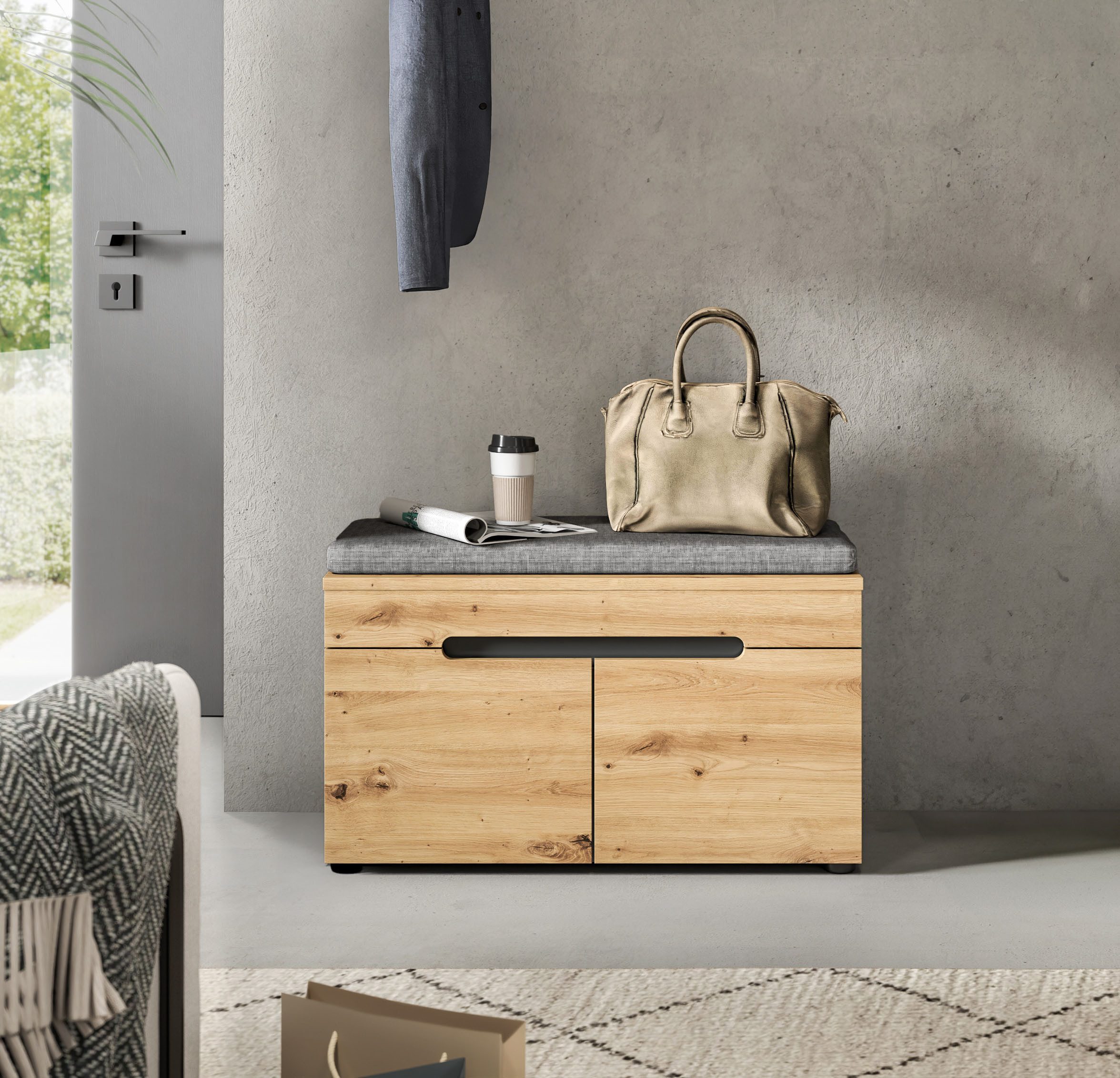 INOSIGN Sitzbank REHAT, TOPSELLER!, Breite 80cm, 2 Türen, 2 Fächer inkl. Sitzkissen (2-St., in verschiedenen Farben erhältlich), Garderobenbank, Flurbank, Dielenbank, Bank mit Stauraum, Bank